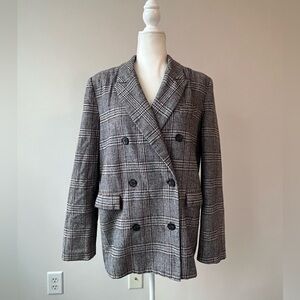 ASTR The Label Gray and Brown Plaid Double-Breasted Blazer with Flap Pockets